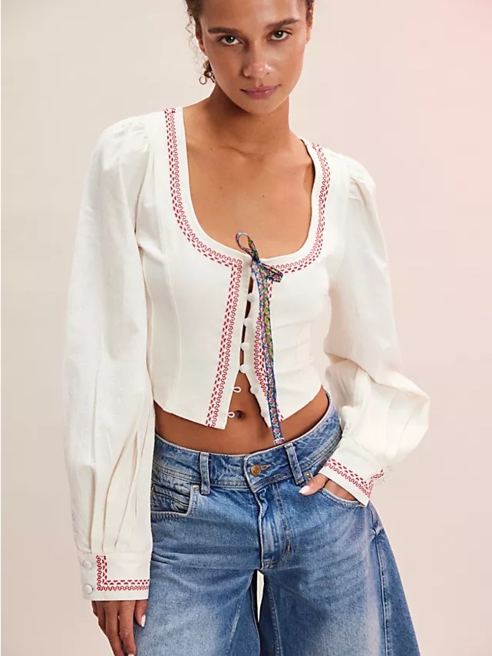 Free People Cream Peasant Tie-Front Blouse with Red Embroidery